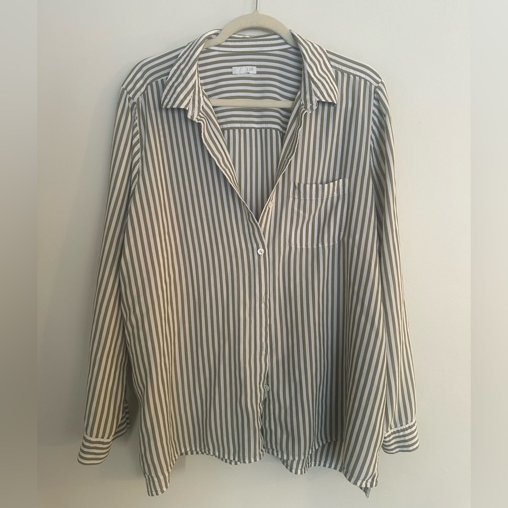 J.Jill Green White Striped Button Up Top Coastal Resort L EUC
